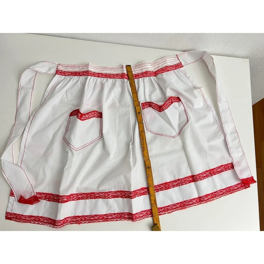 Vintage White Half Apron Red Lace Trim Rickrack Two Pockets‎ Retro Kitchenette